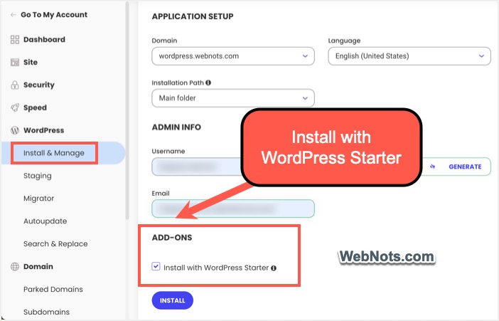 Установить с помощью WordPress Starter в SiteGround