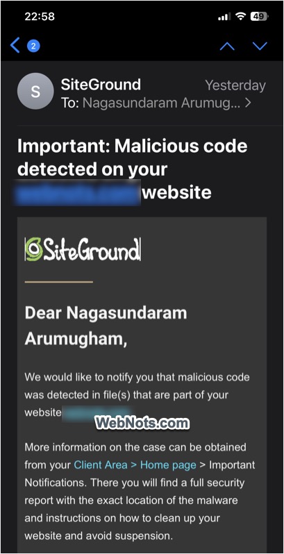 Вредоносное ПО обнаружило электронную почту от SiteGround